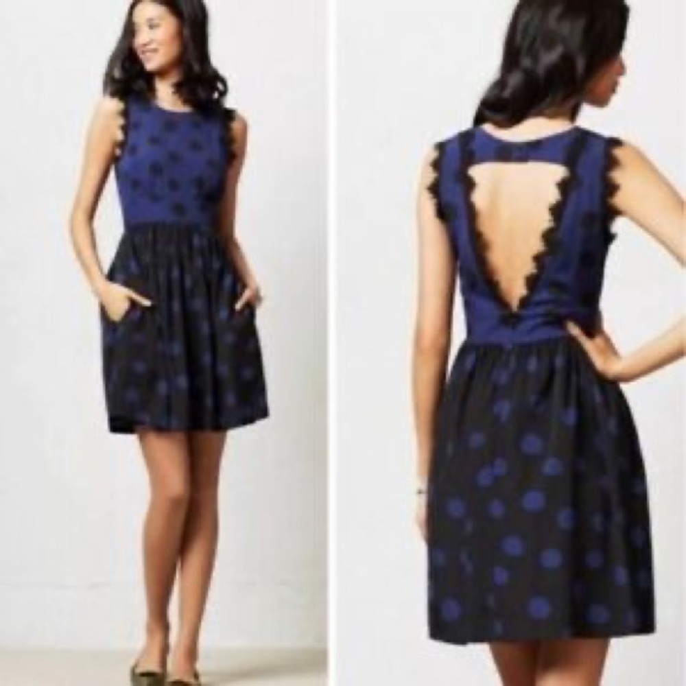 Corey Lynn Calter Anthropologie Blue Polka Dot Dress W/ Open Back & Lace, Size 2